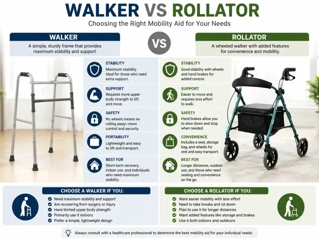 Infographic comparing walker vs rollator showing differences in stability, support, safety, portability, and best uses for each mobility aid