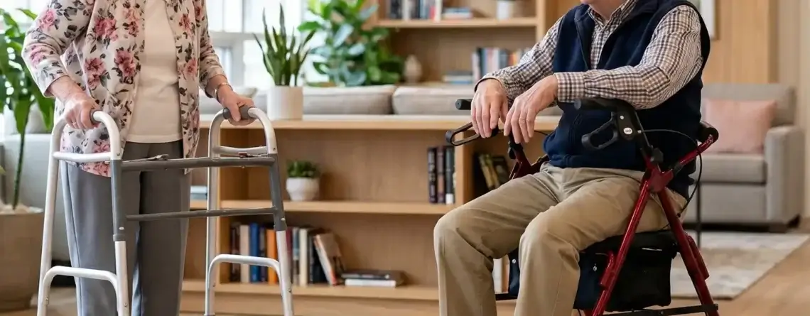 Senior woman using a two-wheel walker and senior man sitting on a red four-wheel rollator in a bright living room