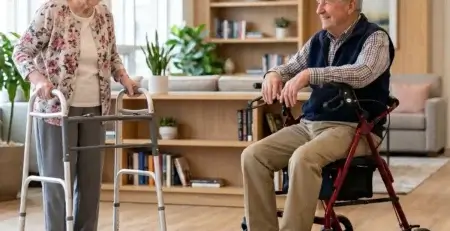 Senior woman using a two-wheel walker and senior man sitting on a red four-wheel rollator in a bright living room