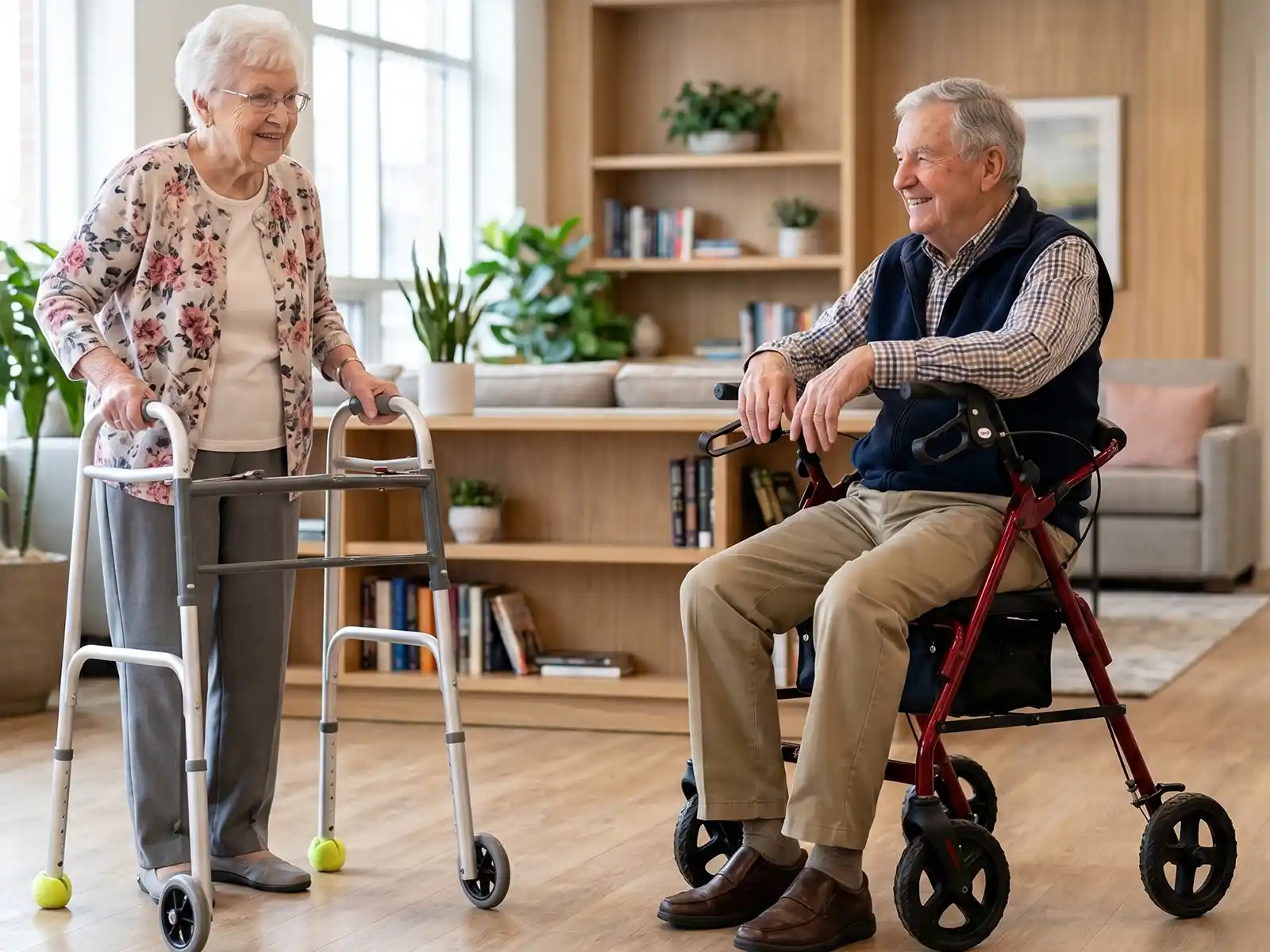 Senior woman using a two-wheel walker and senior man sitting on a red four-wheel rollator in a bright living room
