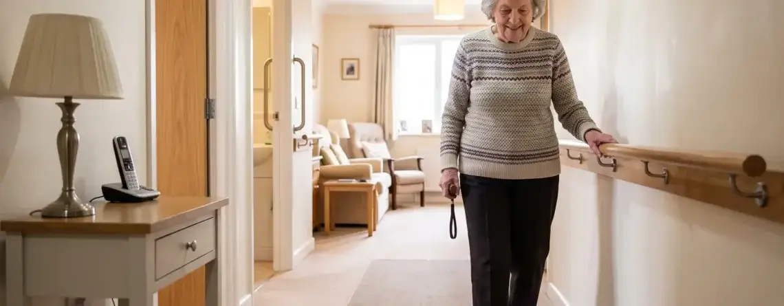 How to prevent falls at home for seniors – senior using a hallway handrail for support