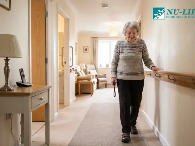How to prevent falls at home for seniors – senior using a hallway handrail for support